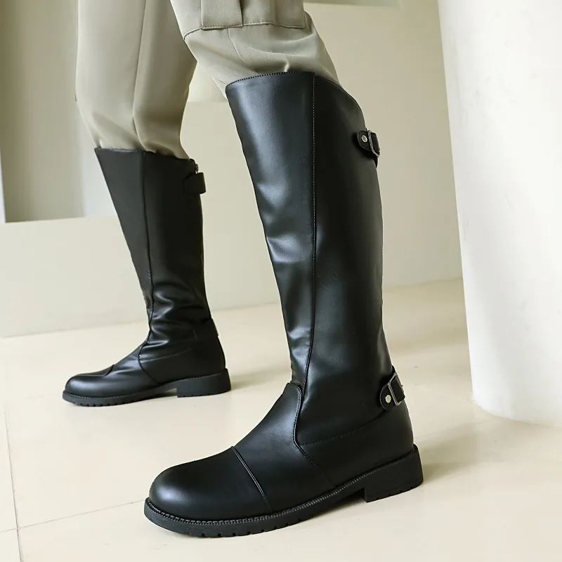 Women's Dark Brown PU Round Toe Flat Knee High Riding Boots with Double Buckle Straps Side Zipper Vintage Tall Boots
