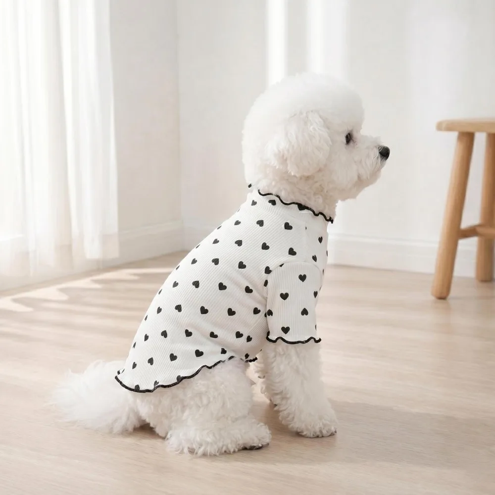 Niedliche Schwarze Herzförmig Bedruckte Kurzarm-Haustierkleidung mit Vier Beinen - Weiche Elastische Gerippte Hunde-Pyjamas – Detail 5