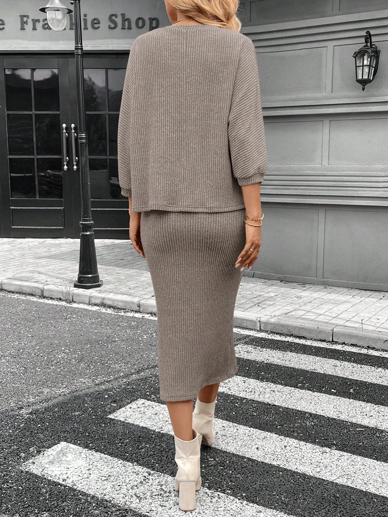 Women 2 Piece Knit Outfit, Batwing 3/4 Sleeve Knitted Top + High Waist Midi Bodycon Skirt Set, Fall Casual Sweater Skirt Matchin
