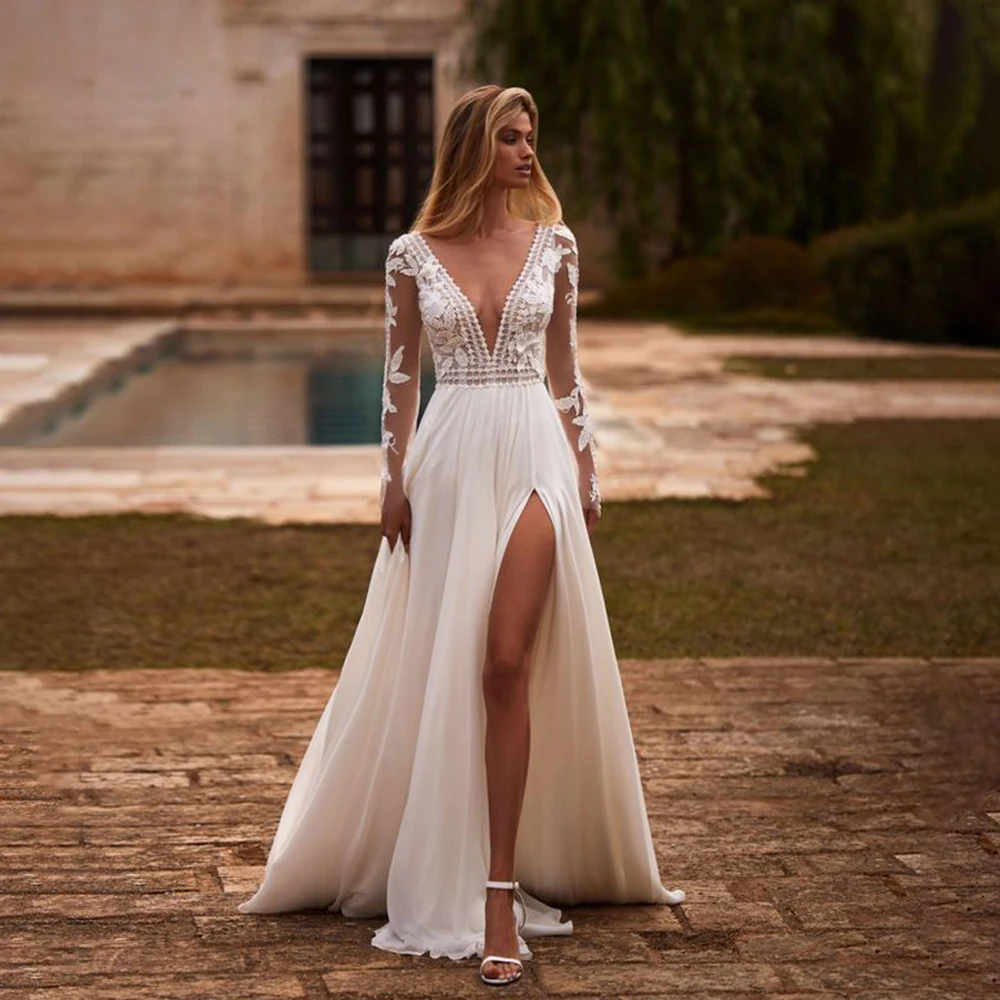 

Bohemaid V-neck Tulle A-line Backless Lace Wedding Gown Appliques Side Slit Long Sleeve Bridal Dress with Train Custom Made