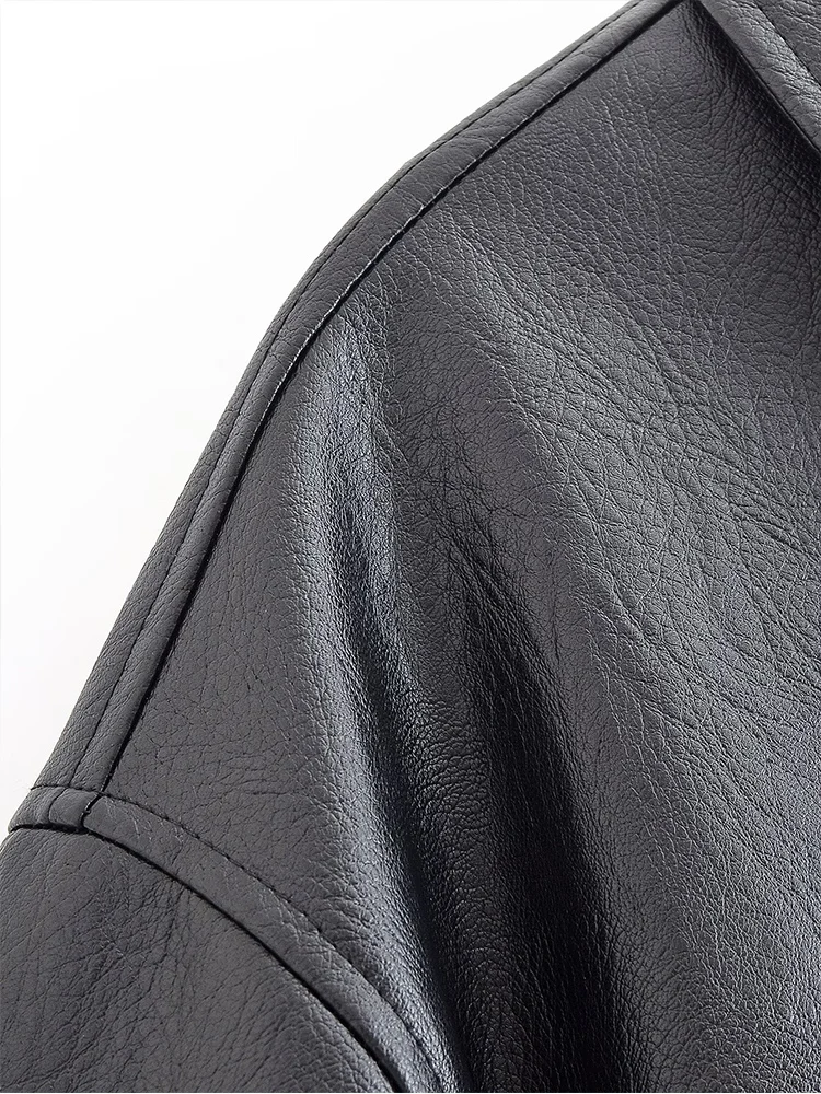 European style new women's fashion versatile temperament loose pocket imitation leather pilot jacket leather coat