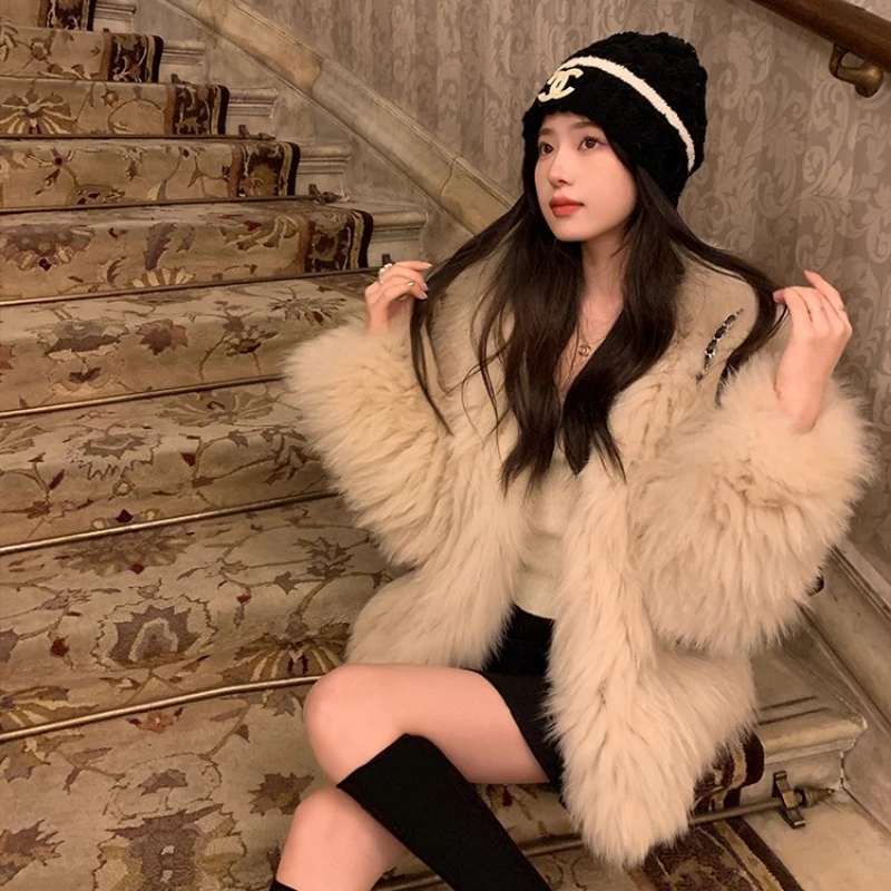 YOLANFAIRY 천연 전체 모피 여우털 코트 여성용 겨울 보온 V넥 슬림 고급스러운 청춘 리얼 여우털 재킷 여성용 2025