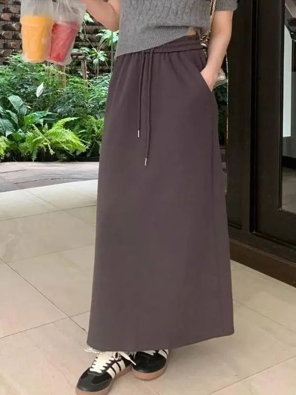 Casual Cotton Drawstring High Waist Midi Skirt Women's Loose A-Line Skirt Pure Cotton Straight Leg Split Long Skirt