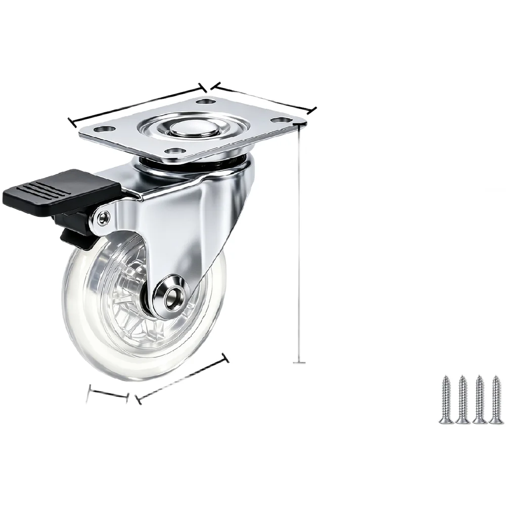 Transparent 2 inch Swivel Caster Wheels with Brake for Easy Setup on Desks Chairs Cabinets PU Material Steel Core