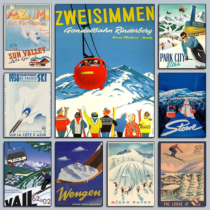 AZNM Vintage Ski Travel Canvas Wall Art Retro Mountain Ski Cable Car Snow Resort Poster Print Unframed Canvas Painting For Ski L