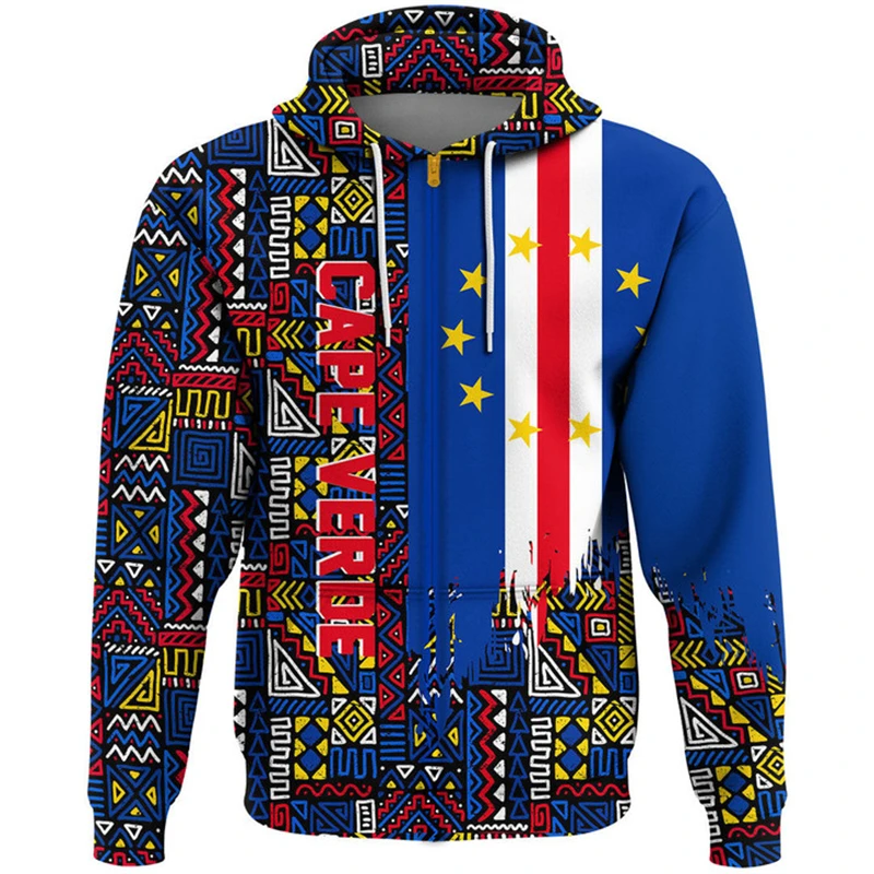 Cape Verde Flag Map Graphic Sweatshirts CV National Emblem Zip Up Hoodie For Men Clothing Casual Male Hoody Sport Boy Pullovers