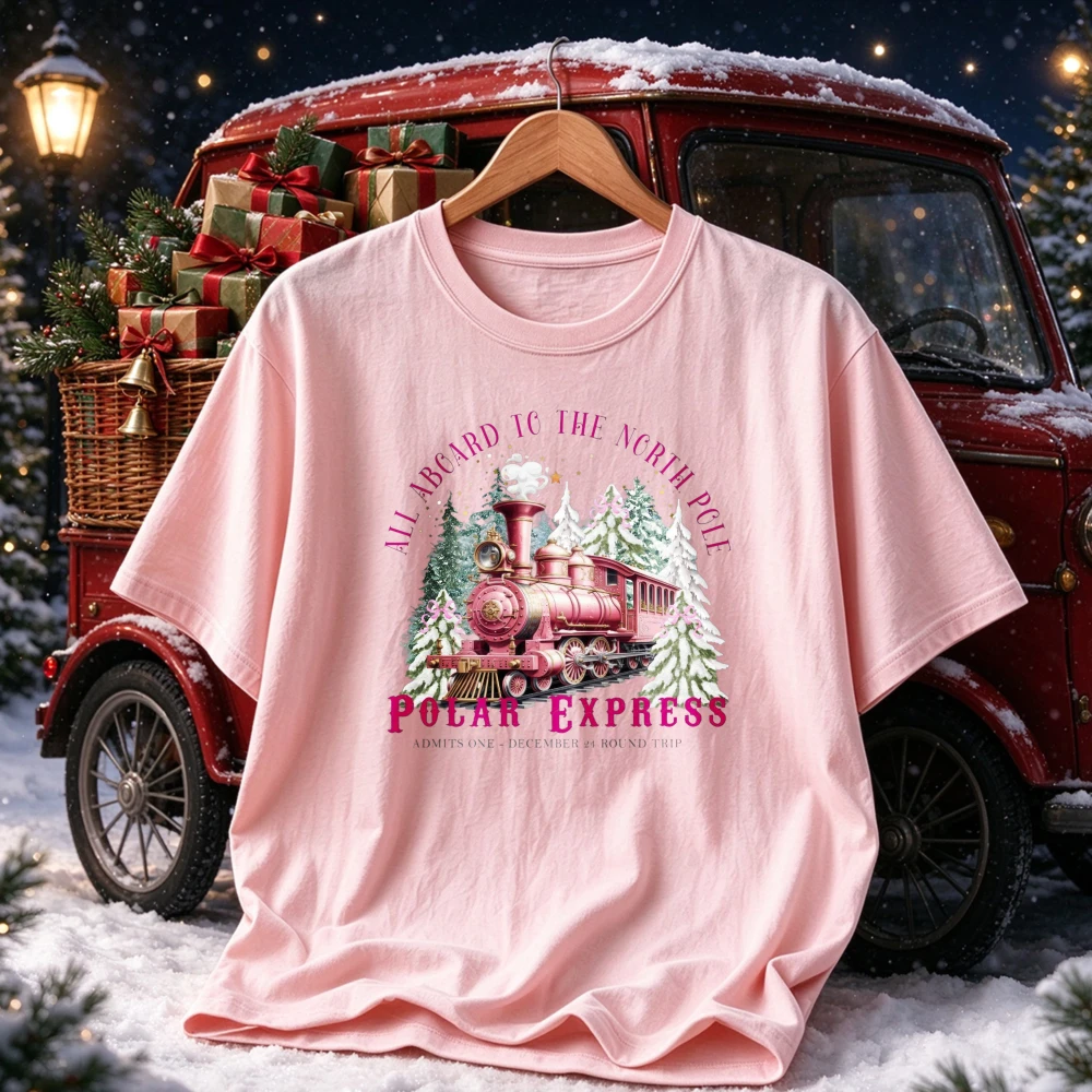 All Aboard To The North Pole Polar Express Graphic T Shirt Pink Train Snow Pine Tree Print Tee Christmas Casual Cotton Xmas Tops