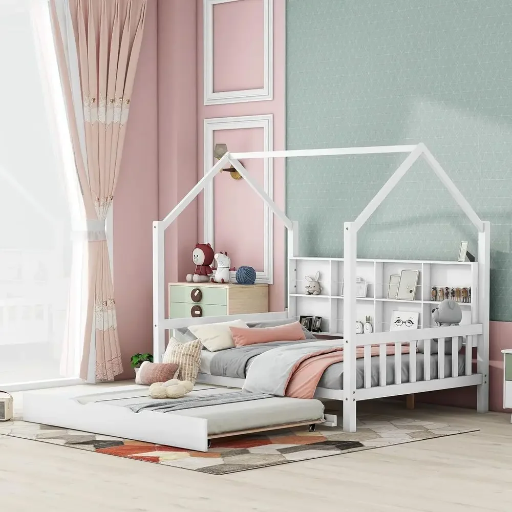 

White Wooden Kids Playhouse Bed with Trundle and Storage, Suitable for Girls and Boys