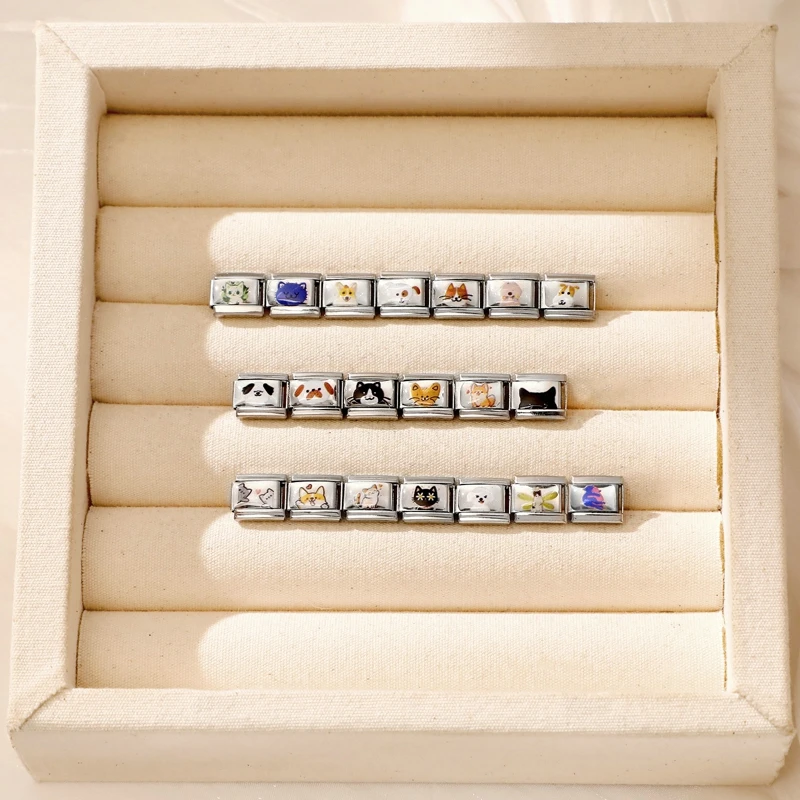 Fashion Lovely Cats Dogs Series Husky Corgi Border Italian Charm Links Fit 9mm Stainless Steel Bracelet DIY Jewelry Making Gift