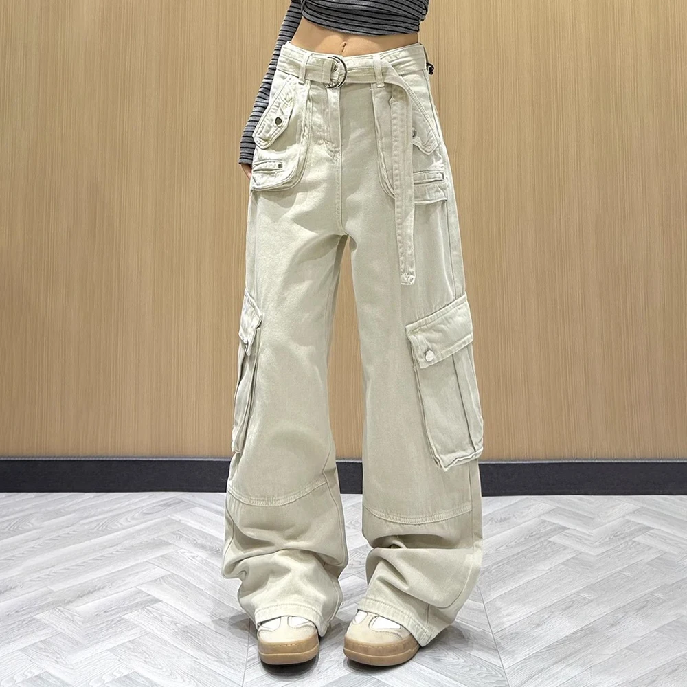 

2025 autumn and winter new street versatile multi-pocket tooling jeans women's casual loose and thin wide-leg trousers