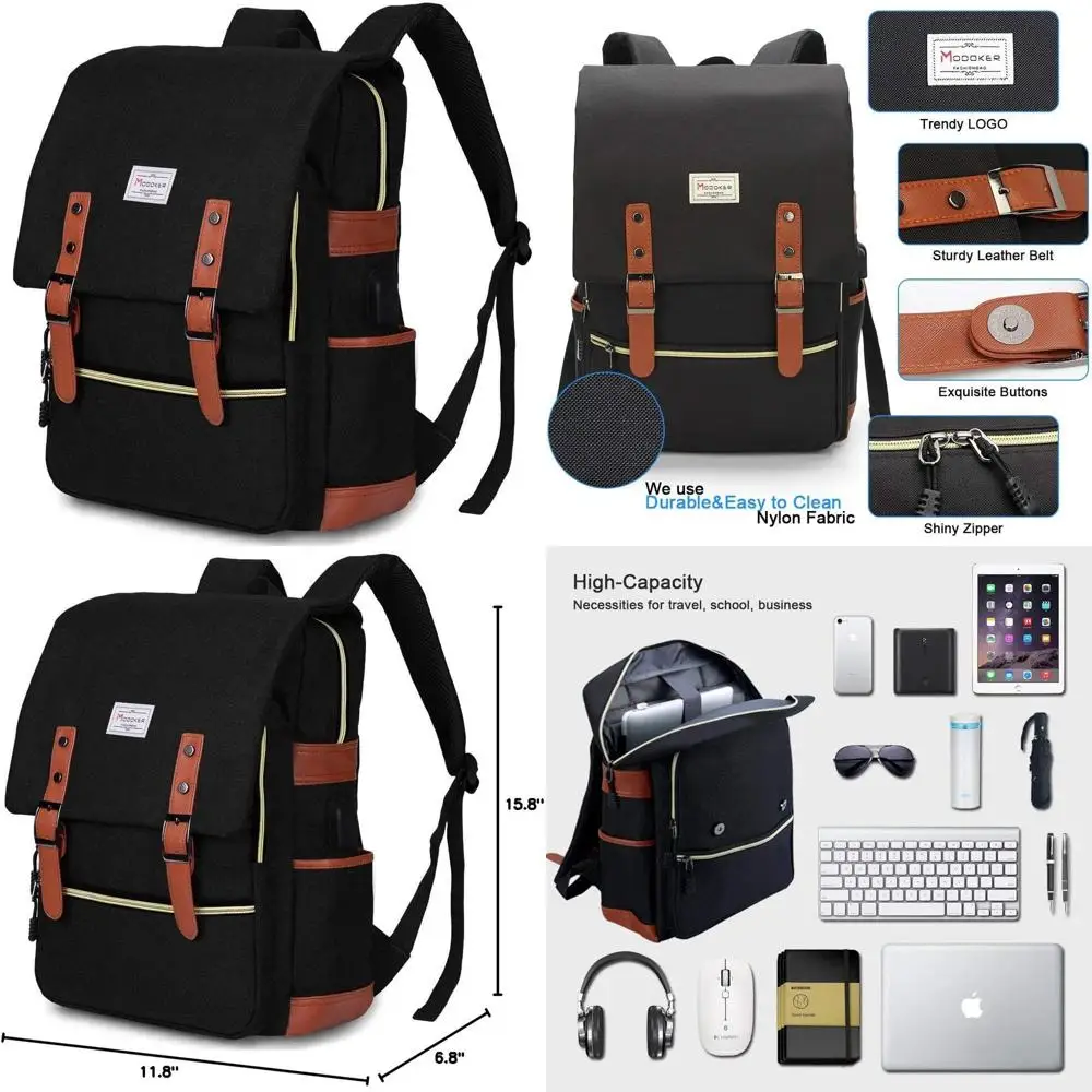 

Экологичная винтажная сумка для ноутбука с USB-портом для ноутбуков 15,6 дюймов, унисекс, дорожный рюкзак, черный