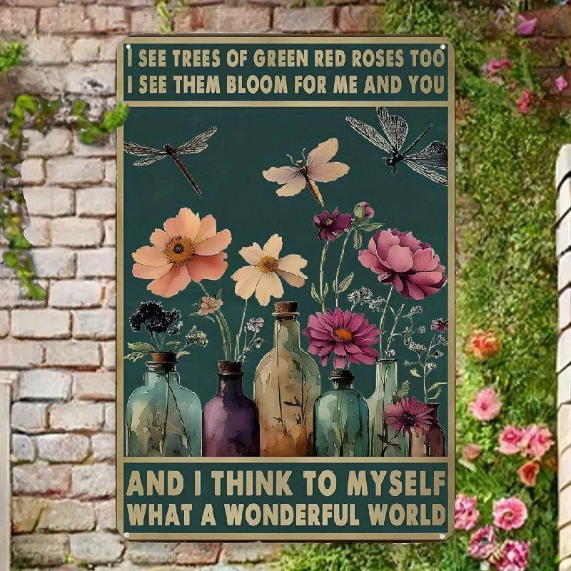 Dragonfly Metal Tin Sign What a Wonderful World I See Trees of Green Red Roses Too  Vintage Tin Sign for Yard Garden Farm Wall D