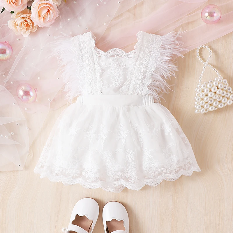 Toddler Baby Girls Lace Floral Dress Summer Feather Sleeve Princess Clothes Children Backless Embroidery Jumpsuits Outerwear