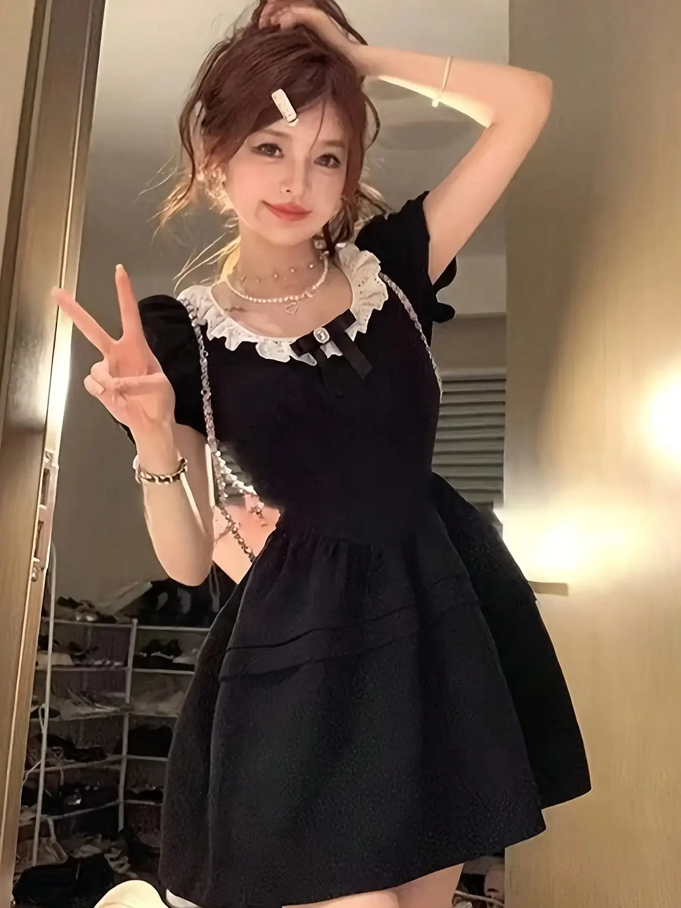 

New Niche Black Dress With Square Neckline, Bow Tie, And Bubble Skirt