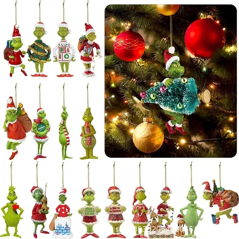 18-Piece Set 2D Acrylic Christmas Tree Decorations Green Monster Ornaments Adorable Green Monster Xmas Tree Pendants Home Decor