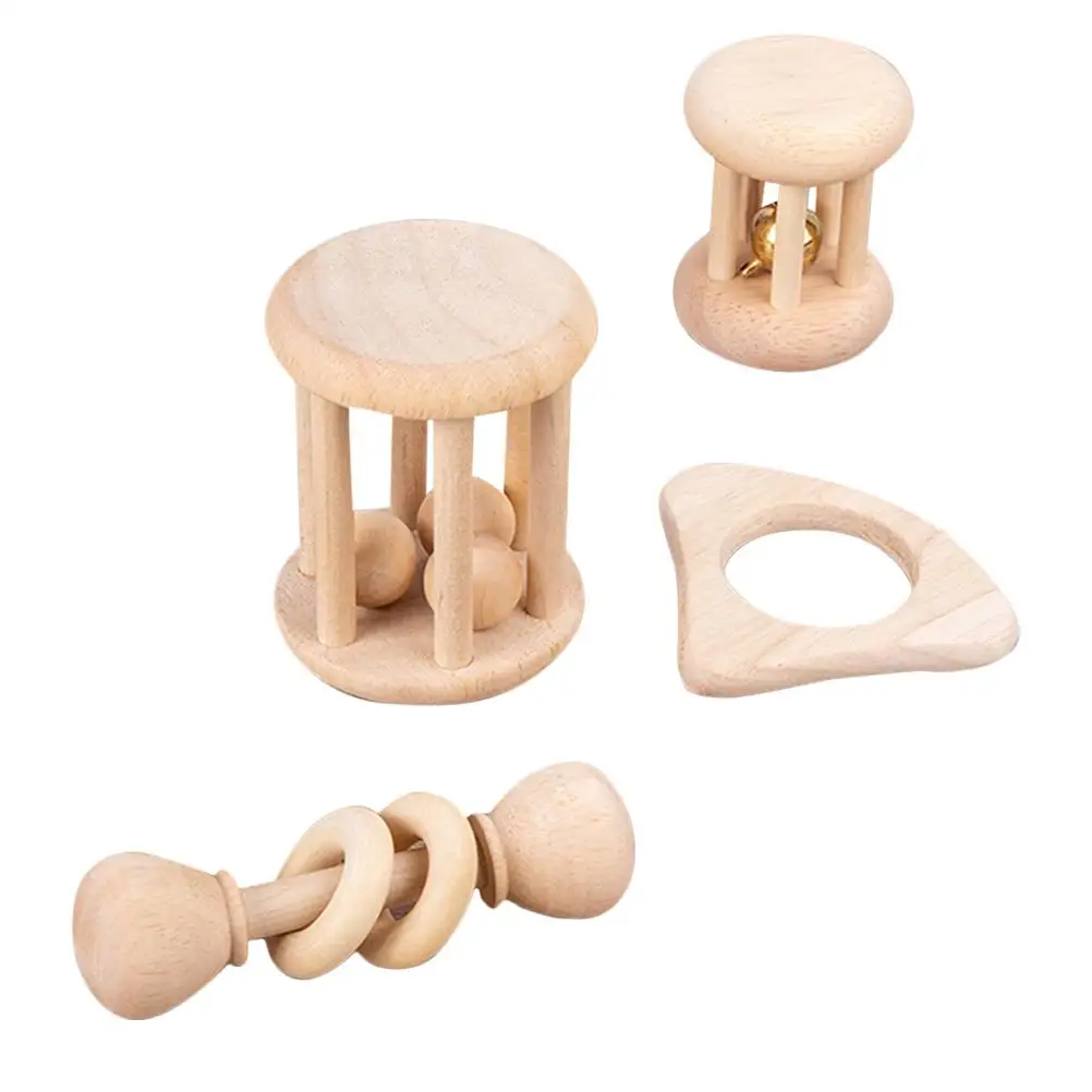4 Pcs Hand-ring Bell Set Infant Rattle Toys Baby Rattles Wood Newborn Toddler