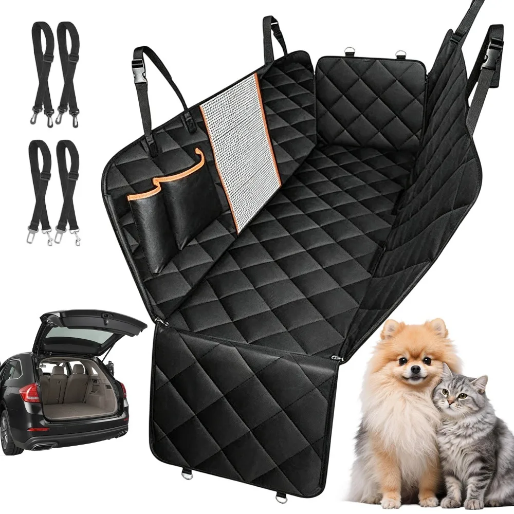Tapis de voiture pour animaux de compagnie en tissu Oxford pour siège arrière avec 2 sangles et 2 cordes de sécurité, housse de siège imperméable facile à installer pour chiens et chats – idéal pour protéger les sièges en cuir contre les rayures, les salissures de patte en voyage et les voyages en camping.