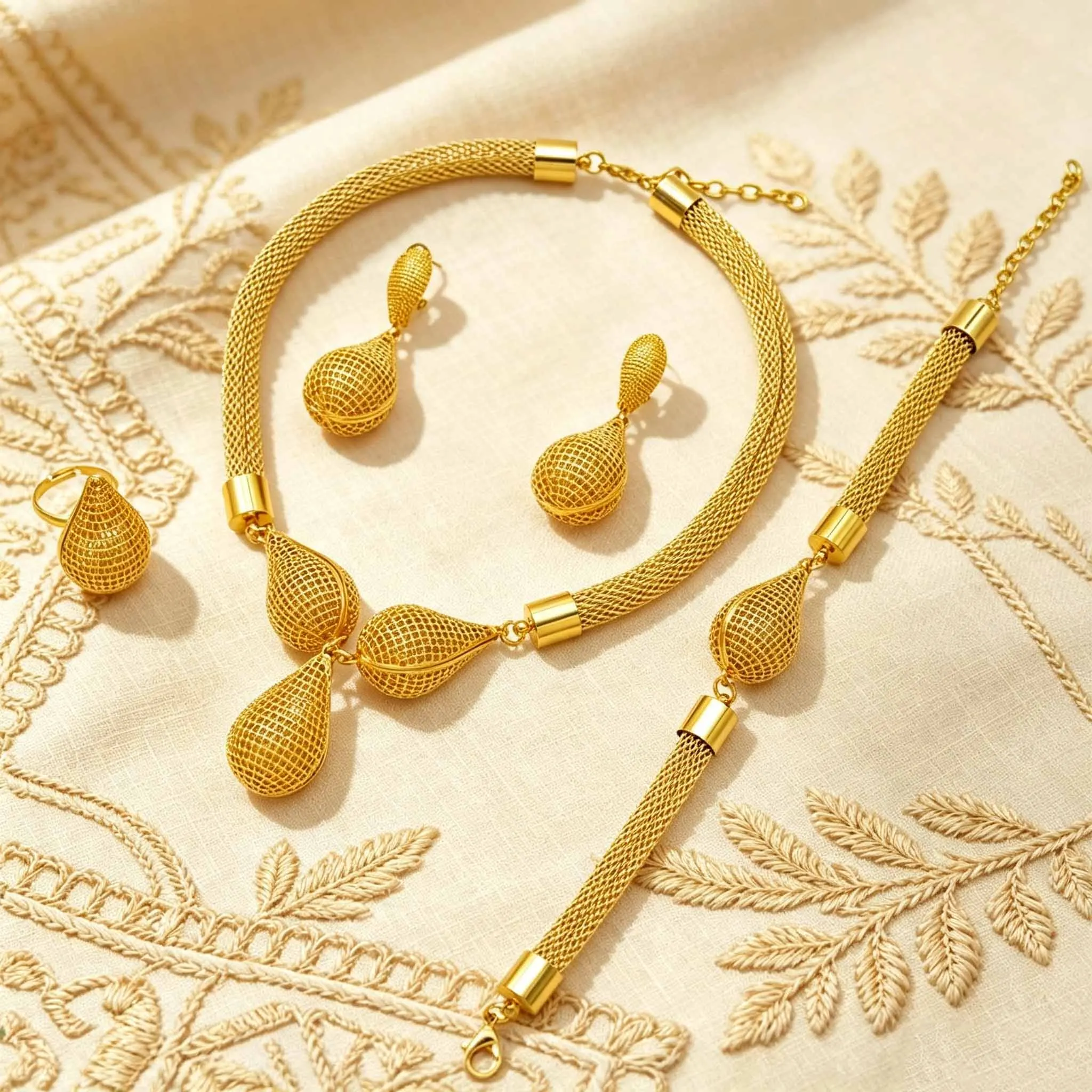 Women Luxury Mesh Teardrop 5Pcs Jewelry Set Gold‑Color Hollow Necklace Earring Bracelet Ring Wedding Party Statement Jewellery