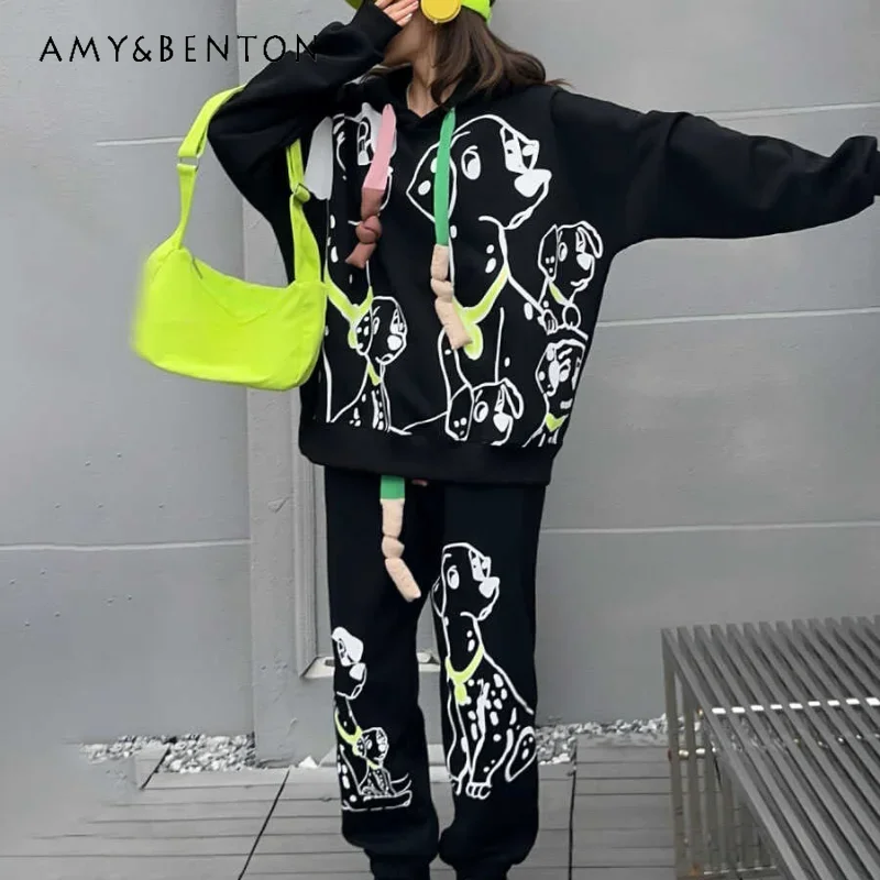 

Oversize Outfit American Retro Graffiti Inkjet Pattern Hooded Sweatshirts Corset Sweatpants 2 piece Set Casual Sports Suit Women