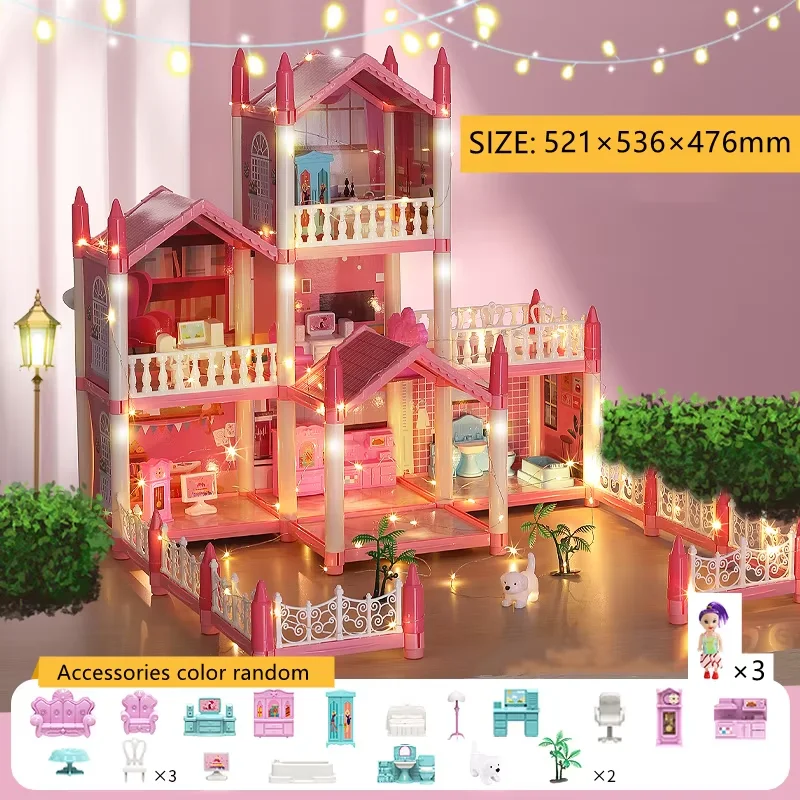 Grande maison de poupée, maison pour tout-petits filles-avec poupées, meubles, accessoires, lumières