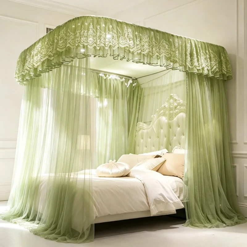 Green Lace Canopy Mosquito Net, U-Track Floor-Standing 3-Door Bed Curtain for Master Bedroom & Wedding Decor