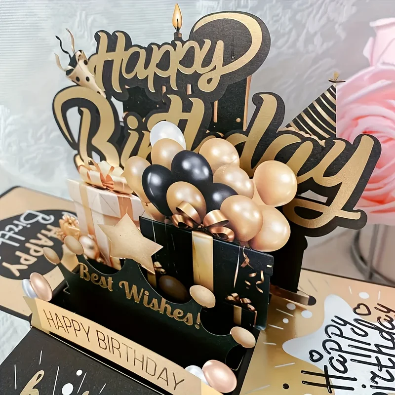 

A Set of Festive 3D Birthday Cards: Black And Golden Design, Suitable for Both Men And Women - Includes 2 Cards And 1 Envelope.