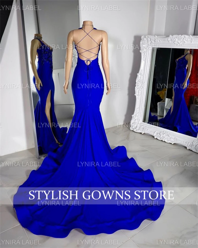 Royal Blue Sweetheart Long Prom Dress For Black Girls 2024 Beaded Crystal Birthday Party Dresses Evening Gowns Slit Customized