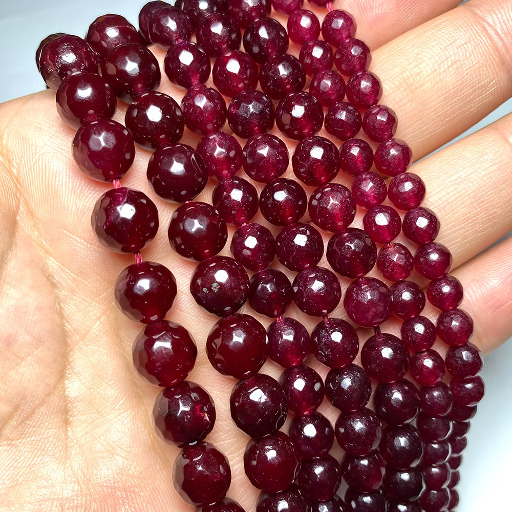 Wholesale Natural Stone Beads Faceted Ruby Red Chalcedony Jades Round Loose Spacer Beads for Jewelry Making DIY Bracelet 4-12MM