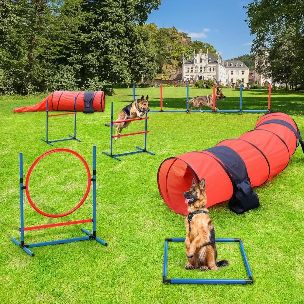 

Dog Agility Training Equipments: Includes Flirt Pole Toy, 3 Flying Discs, 2 Agility Tunnel, 3 Jumps, 6 Weave Poles, Dog Toys