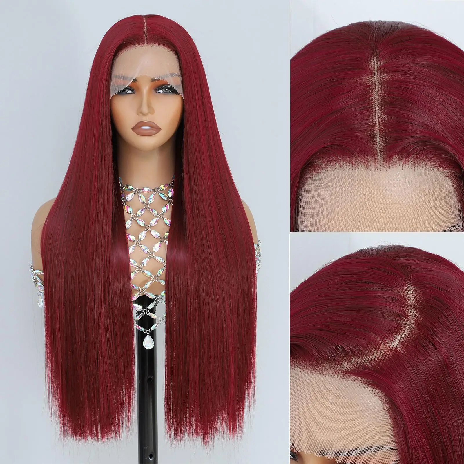 

13x6 HD Lace 99j Wigs Burgundy Wig Synthetic Lace Front Wig Ready to Wear Glueless Pre Plucked 36 lnch HD front human hair