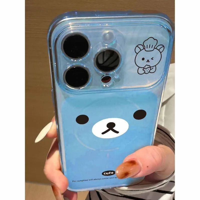 Rilakkuma emoji large window mobile phone case transparent protective cover suitable for iPhone 11 12 13 14 15 16 17pro max