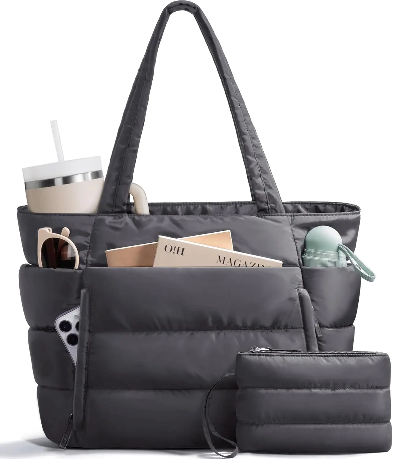 

Легкая дутая сумка-тоут для женщин с молнией, идеально подходит для работы, учебы, путешествий и спортзала — вмещает ноутбук 15,6 дюймов и стакан объемом 40 унций.