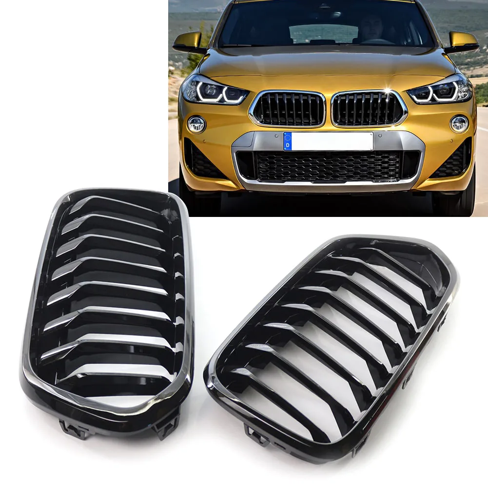 

Glossy Black Car Front Bumper Grille Kidney Grill Single Slat For BMW X2 Series F39 2018 2019 2020 2021 ABS Plastic 2Pcs