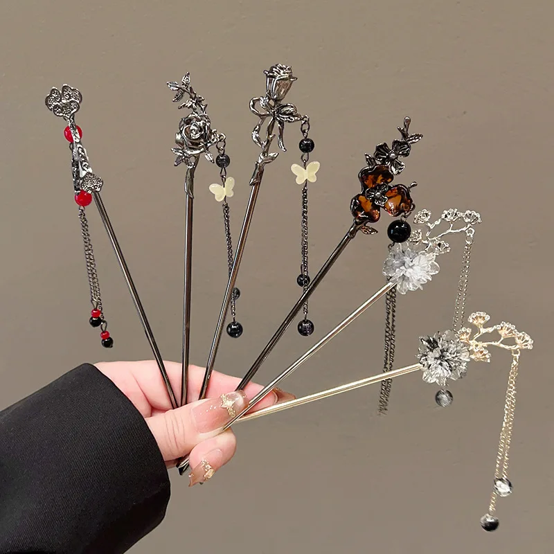 

2025 Chinese Butterfly and Black Rose Moon Tassel Women's Hair Stick Elegant Metal Hanfu Chopsticks Hair Stick Hair Accessories