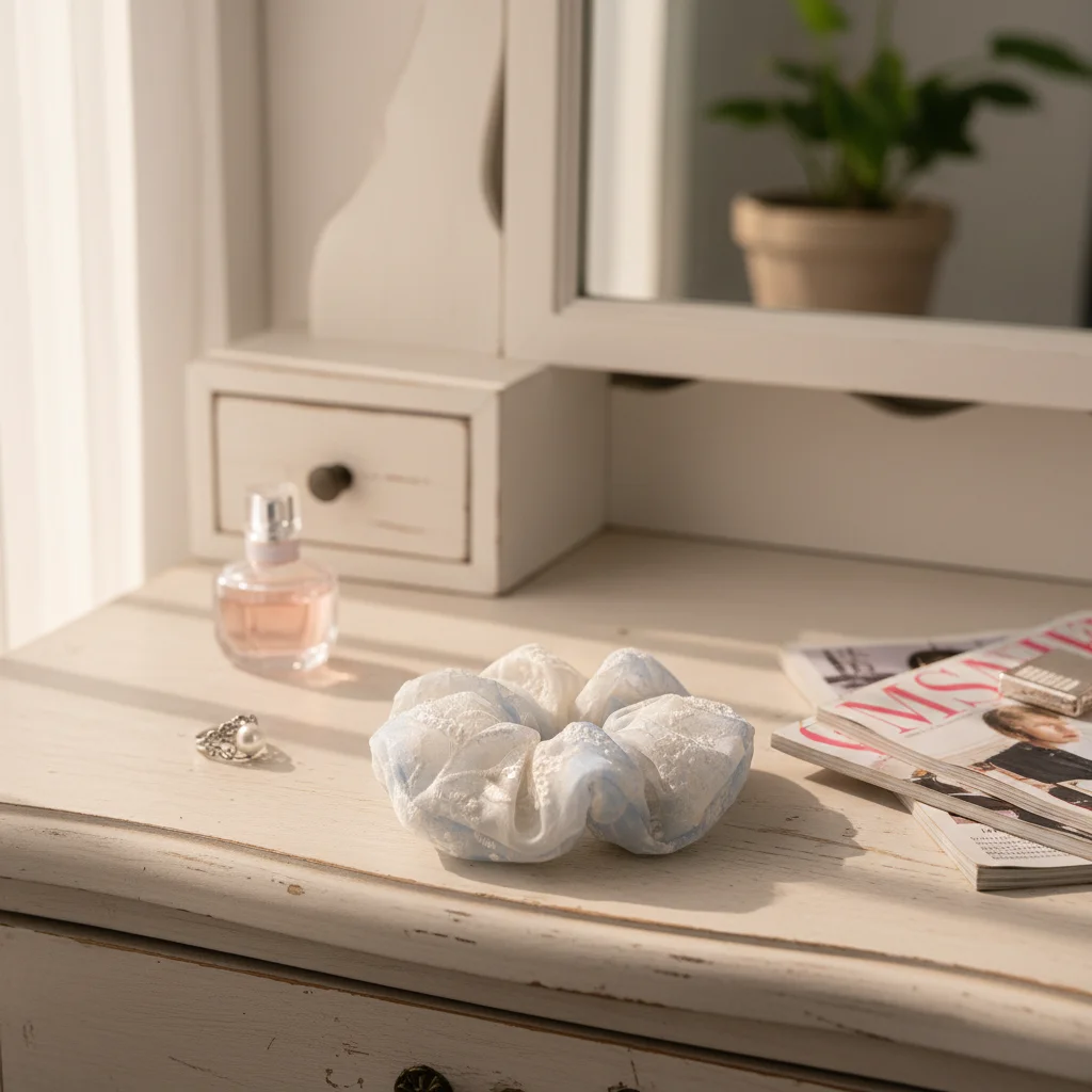 Eleganter Spitzenblumen-Scrunchie im koreanischen Stil, großer Haargummi für Damen und Mädchen, trendiges Haar-Accessoire für den Alltag. – Detail 2
