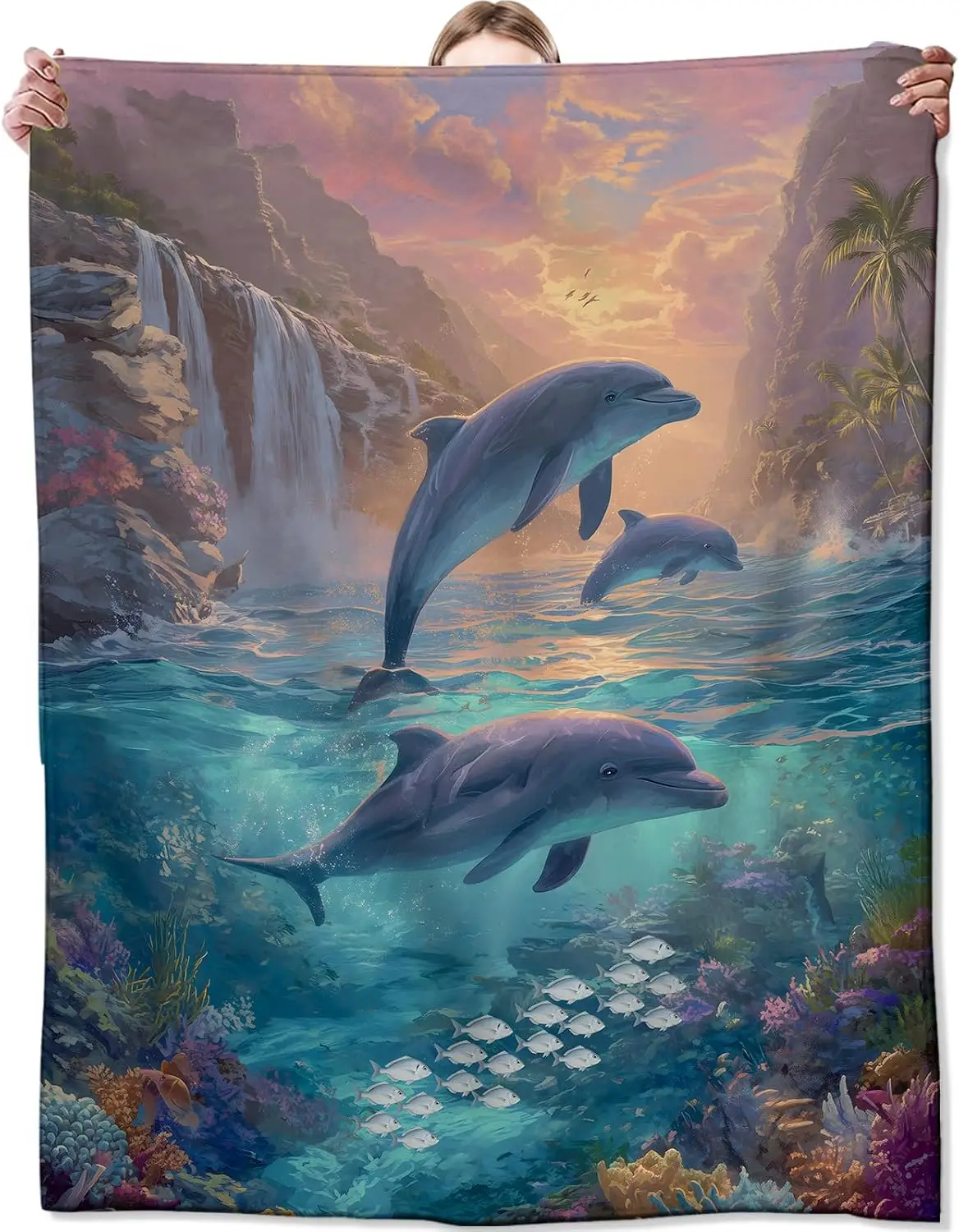 Dolphin Ocean Sunset Blanket,Gifts for Marine Lovers,Lightweight Flannel Throw Blankets,Tropical Waterfall and Coral Reef Throws