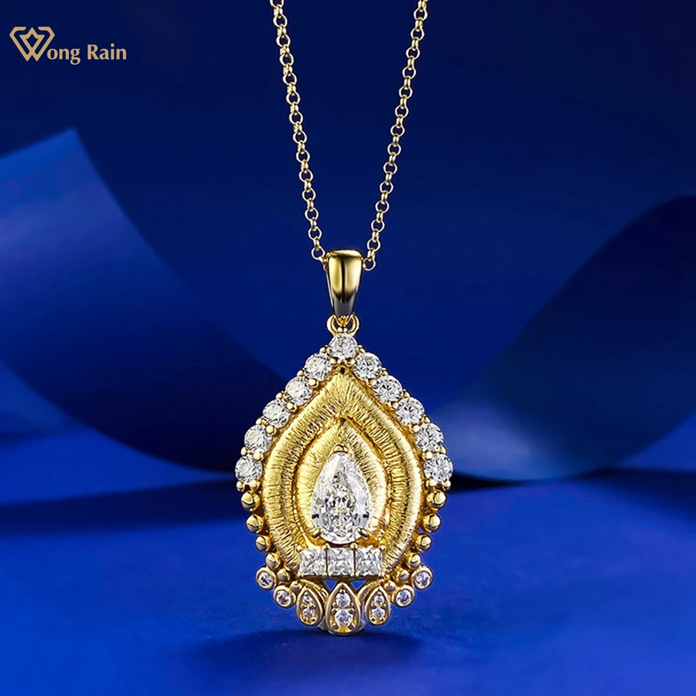 

Wong Rain 18K Gold Plated 925 Sterling Silver Sparkling 5*8 MM Pear Cut Lab Sapphire Gemstone Pendant Necklace Jewelry Wholesale