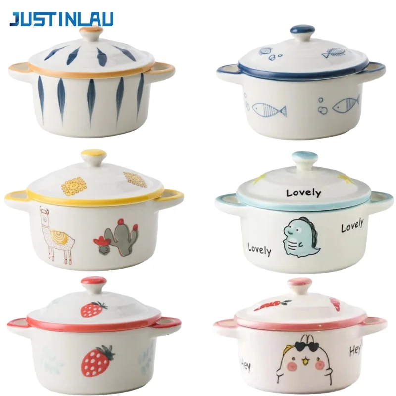JUSTINLAU - Tazón de Cerámica con Doble Asa y Tapa, Diseño de Dibujos Animados, para Niños, para Complementos Alimenticios, Fideos, Ensaladas, Huevos al Vapor, Apto para Microondas