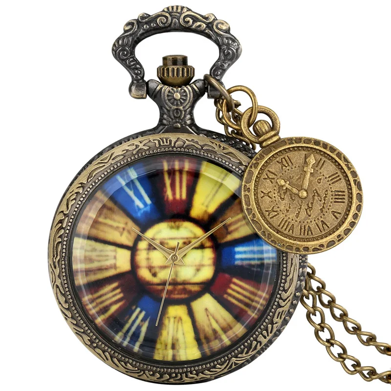 Steampunk Colorful Roman Numeral Dial Half Hunter Men's Analog Quartz Pocket Watch Bronze Pendant Clock with Necklace Chain