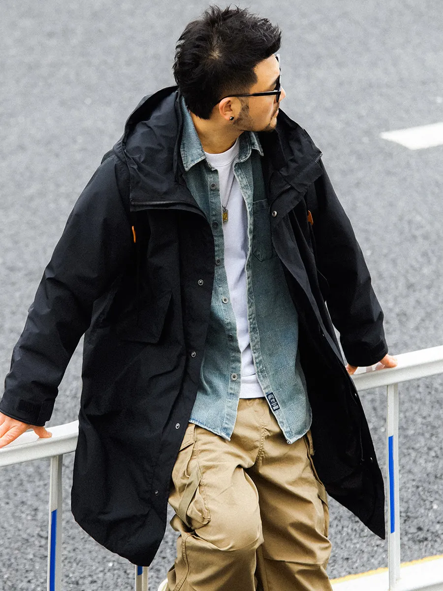 

Retro Japanese Sle Men's Casual Hooded Mid-Length Coat Spring Autumn Seasonal Waterproof Polyester Fabric y ape