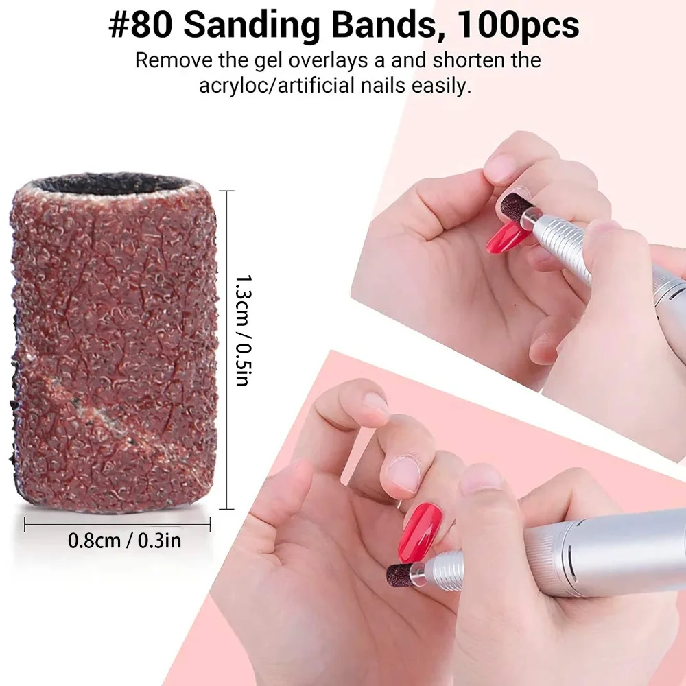 400pcs 80# 120# 180# 240# Grit Sanding Bands With Shaft Fine Grit Manicure Sanding Bands Grinding Head Polishing Sleeve