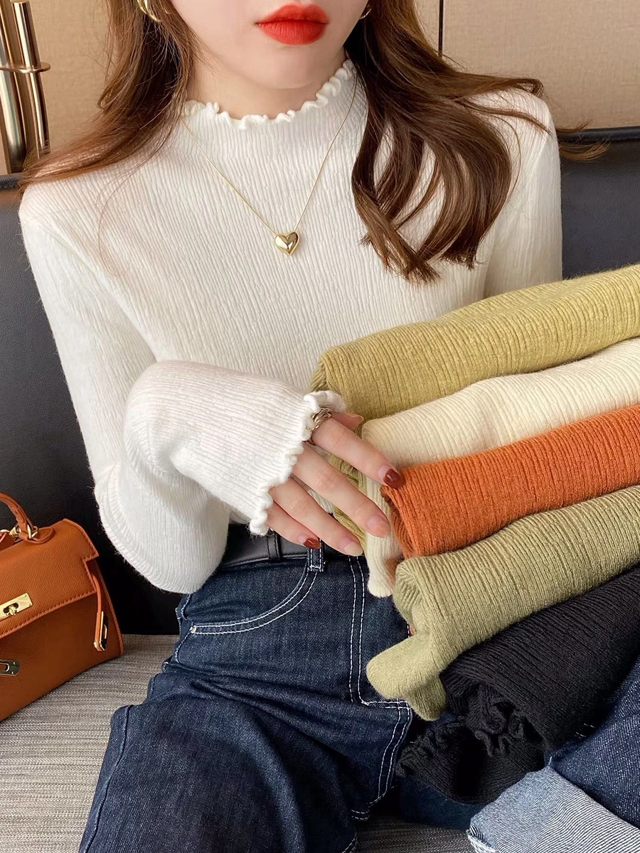 Half High Necked Women's Sweater Autumn Long Sleeved Solid Color Stretch Knitted Sweater Female Casual Bottoming Knitwear