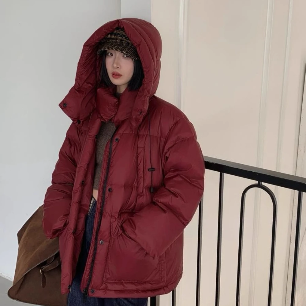 ダウンジャケット女性厚く暖かいホワイトダックダウンコート女性のファッション冬の女性のフード付きパーカー防水フグジャケットオーバーコート