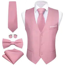 Chaleco elegante de satén para hombre, conjunto de pañuelo con corbata de lazo, chaqueta sin mangas, traje Formal de boda para hombre, chaleco Rosa sólido, Barry Wang