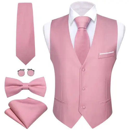 Chaleco elegante de satén para hombre, conjunto de pañuelo con corbata de lazo, chaqueta sin mangas, traje Formal de boda para hombre, chaleco Rosa sólido, Barry Wang