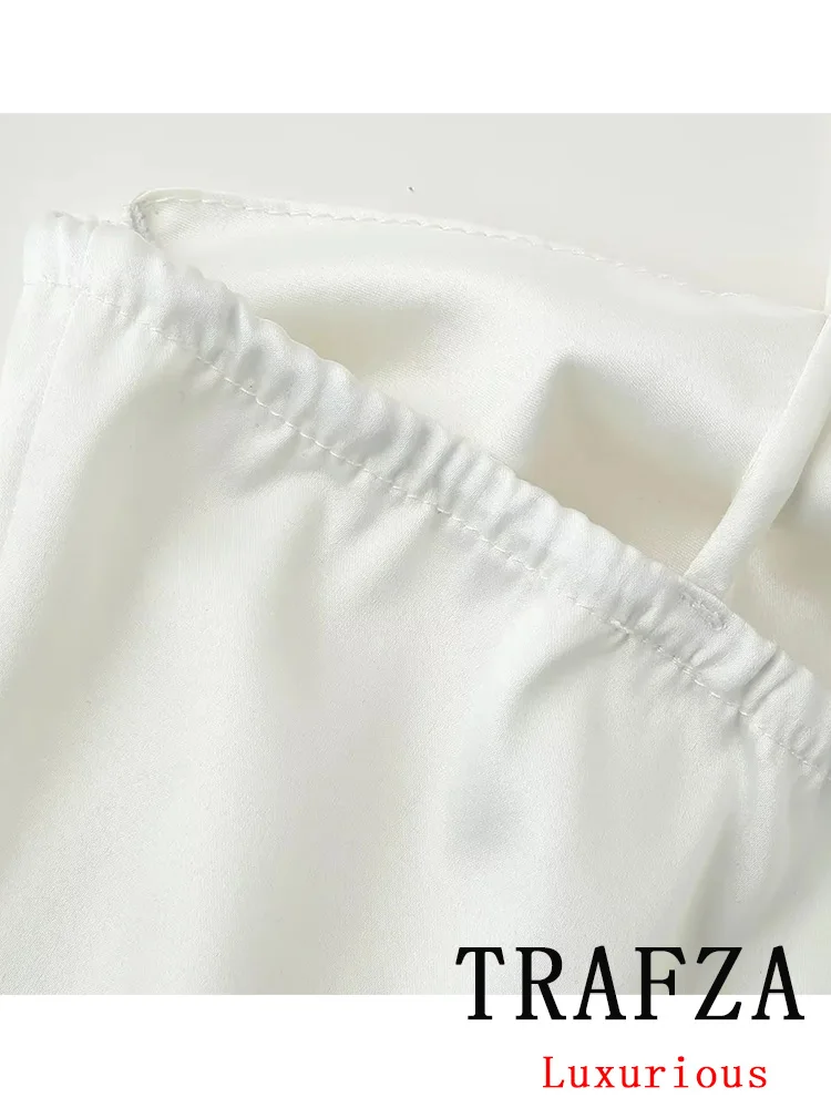 TRAFZA sexy chique vrouwen satijnen jurk wit effen cami mouwloze plooien bloem lange vestidos nieuwe mode 2025, lente zomerjurk