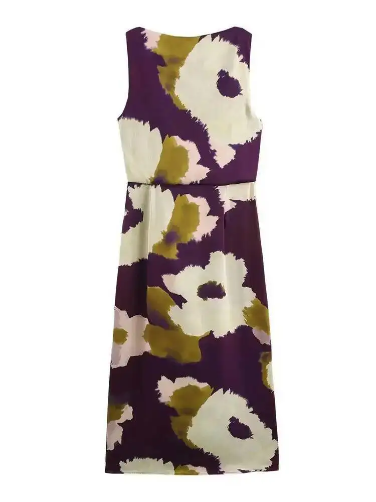 Women Summer Long Dresses 2025 New Fit Party Fashion Vintage Female Sleeveless Flower Print Round Neck Midi Dress Woman T7WE