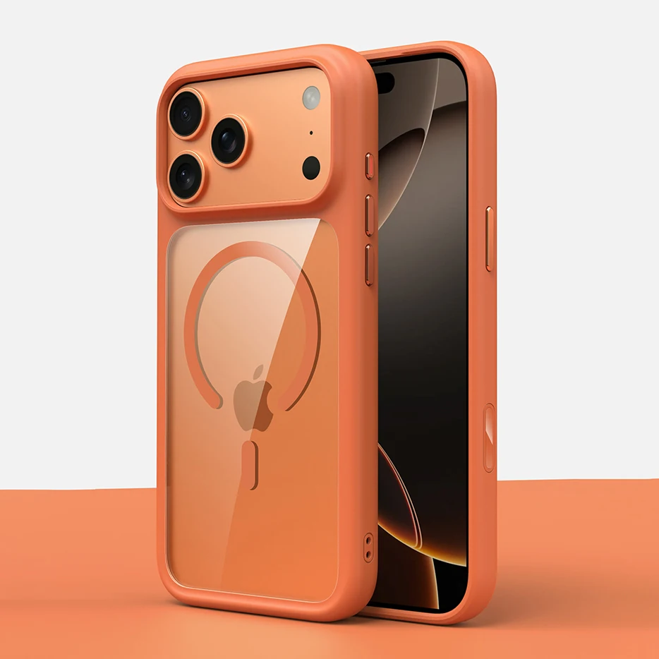 Luxury Orange Matte Transparent For Magsafe Phone Case For iPhone 17 Pro Max 17 Pro New Metal Buttons Skin Feel Shockproof Cover