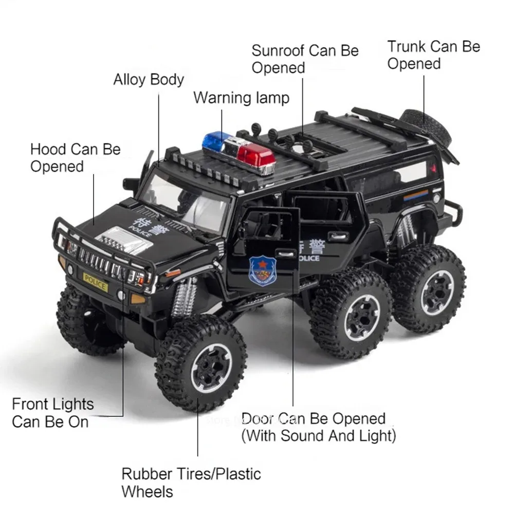 1:32 H2 Car Model Toy Alloy Body Rubber Tires Music Light Shock Absorption Off-road Vehicle Models for Kids' Edutainment
