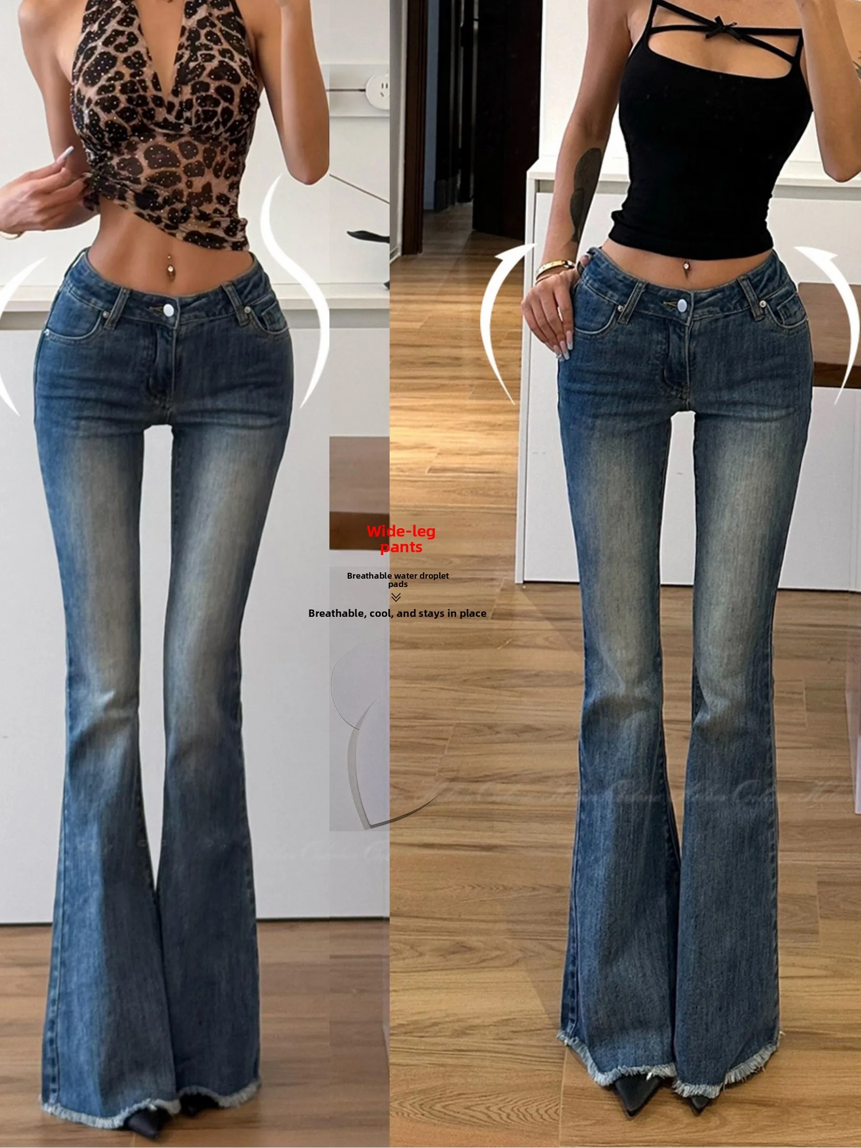 

Low Waist Flared Jeans Korean Sle Sl Wide Leg Pants with Frayed Hem Bootcut Trousers Slimming Effect Vintage